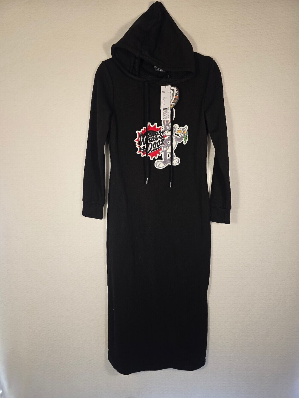 Looney Tunes BUGS BUNNY Black Midi Hooded Heavy L Sleeve Loungewear Dress. S